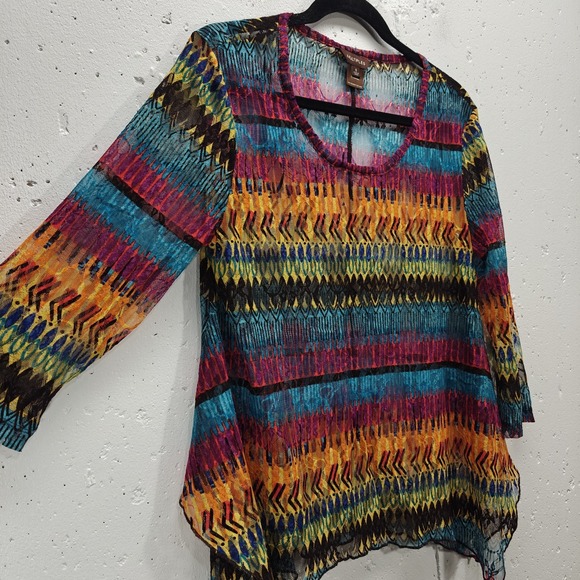 Multiples Womens Small Top Colorful Bohemian Bright Sheer Long Sleeve‎ Shirt - Picture 2 of 6